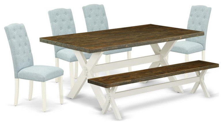 6-Piece and Set, 4 Chairs, Top and Wooden Cross Legs Table and Wood Bench