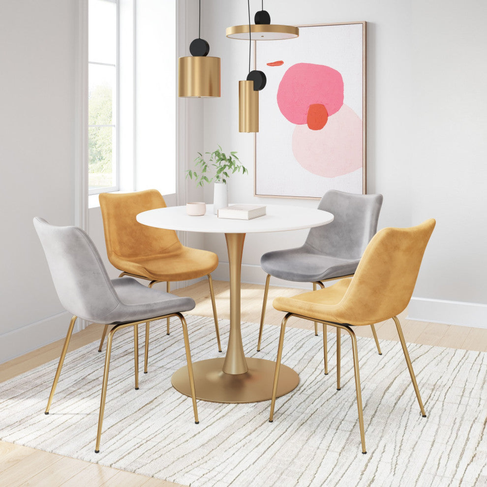 Dining Chair, Set of 2, Steel Metal, Fabric, Gray, Gold, Cafe Bistro