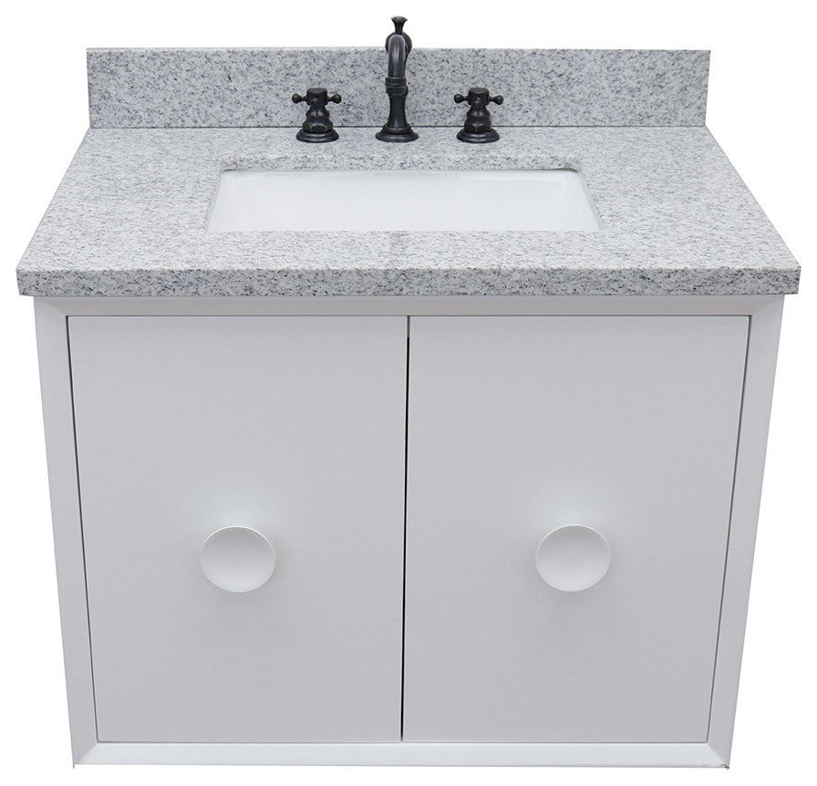 31" Single Wall Mount Vanity, White Finish With Gray Granite Top