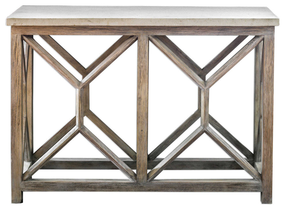 Open Light Weathered Wood Console Table, Stone Top X Natural