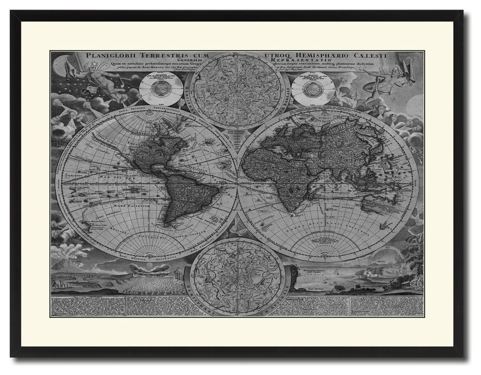 World Vintage Map Print On Canvas With Black Custom Frame, 28" X 37"