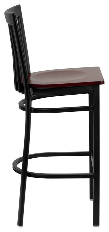Black School House Back Metal Restaurant Barstool, Mahogany Wood Seat