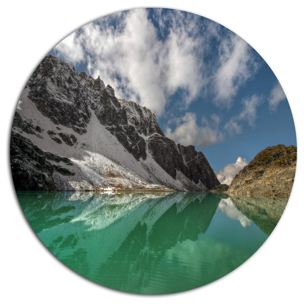 Clear Mountain Lake Under Bright Sky, Landscape Disc Metal Artwork, 23"