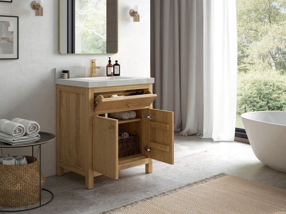 Sonoma 30 Single Sink Bath Vanity in Light Natural Teak with 2" Carrara Quartz