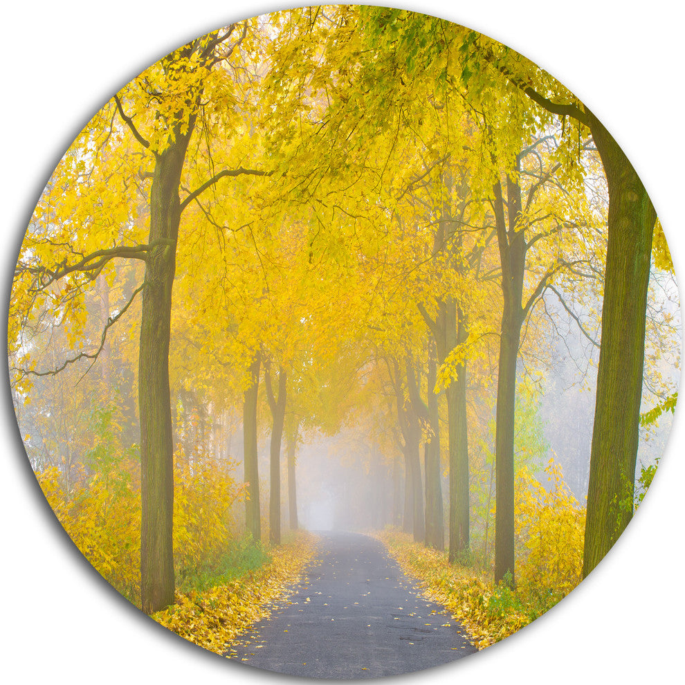 Misty Road In Yellow Autumn Forest, Landscape Disc Metal Artwork, 11"