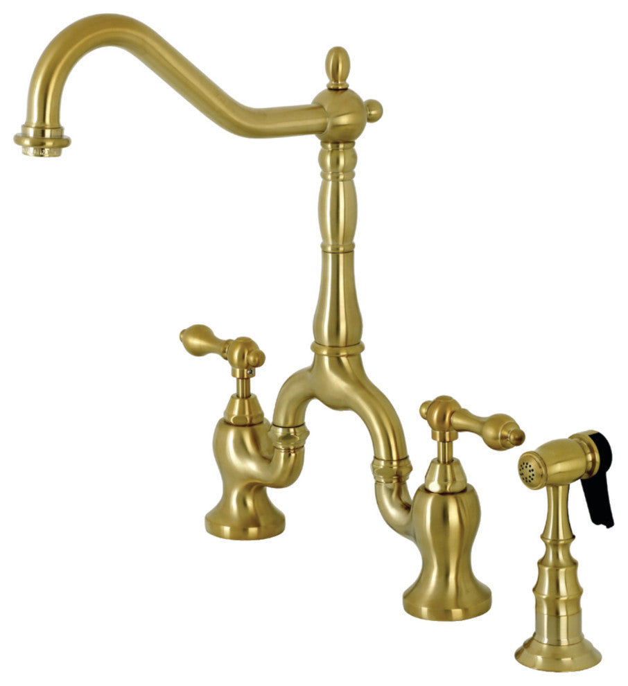 KS7757ALBS Country Kitchen Bridge Faucet With Brass Sprayer, Brushed Brass