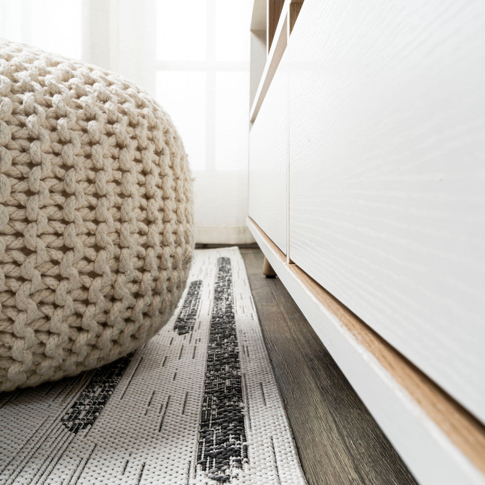 Zolak Berber Stripe Indoor/Outdoor Rug, Ivory/Black, 2 X 8