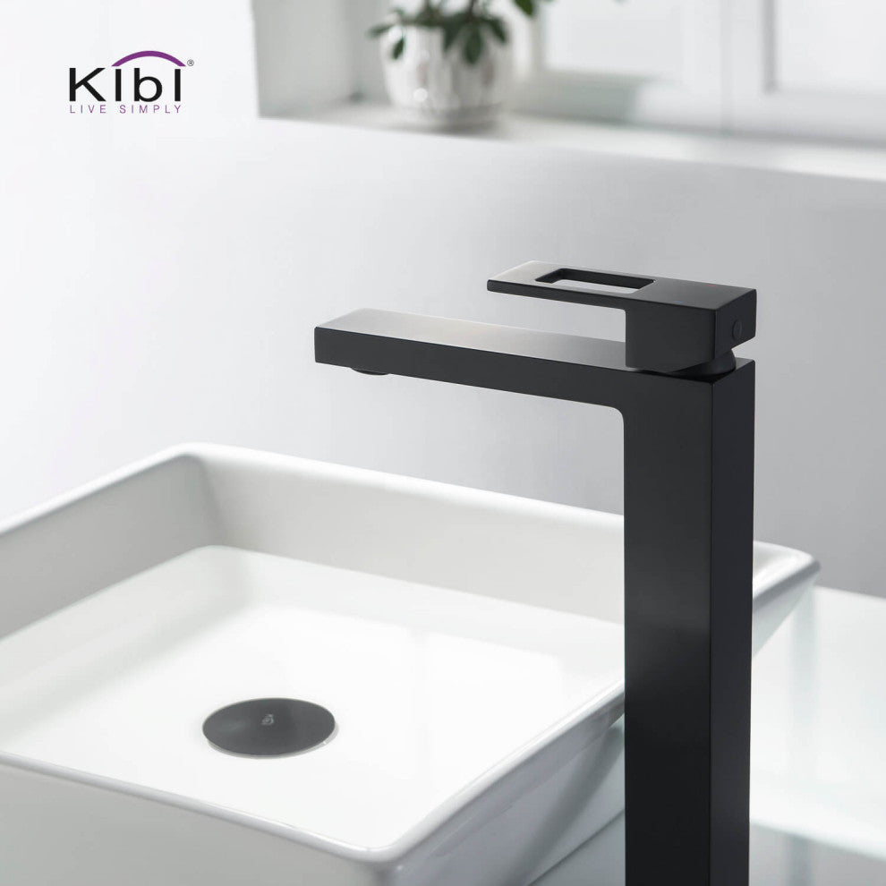 Cubic Single Handle Vessel Sink Faucet KBF1003, Matte Black, W/ Drain