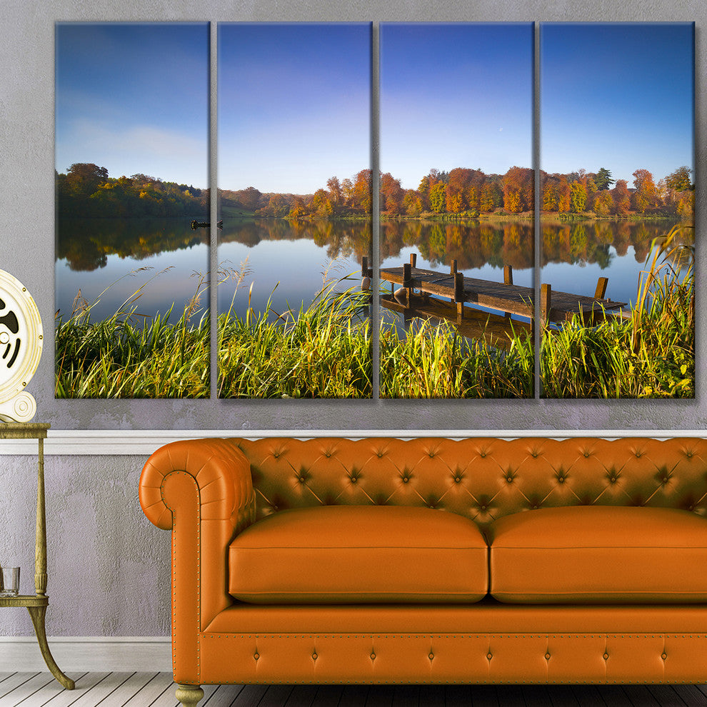 Still Waters of Fall Lake, Landscape Canvas Art Print, 48"x28", 4 Panels