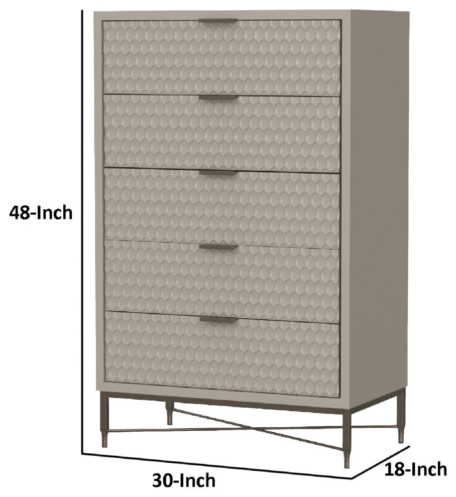 Benzara BM284283 5 Drawer Tall Dresser Chest, Honeycomb Texture, Taupe Gray