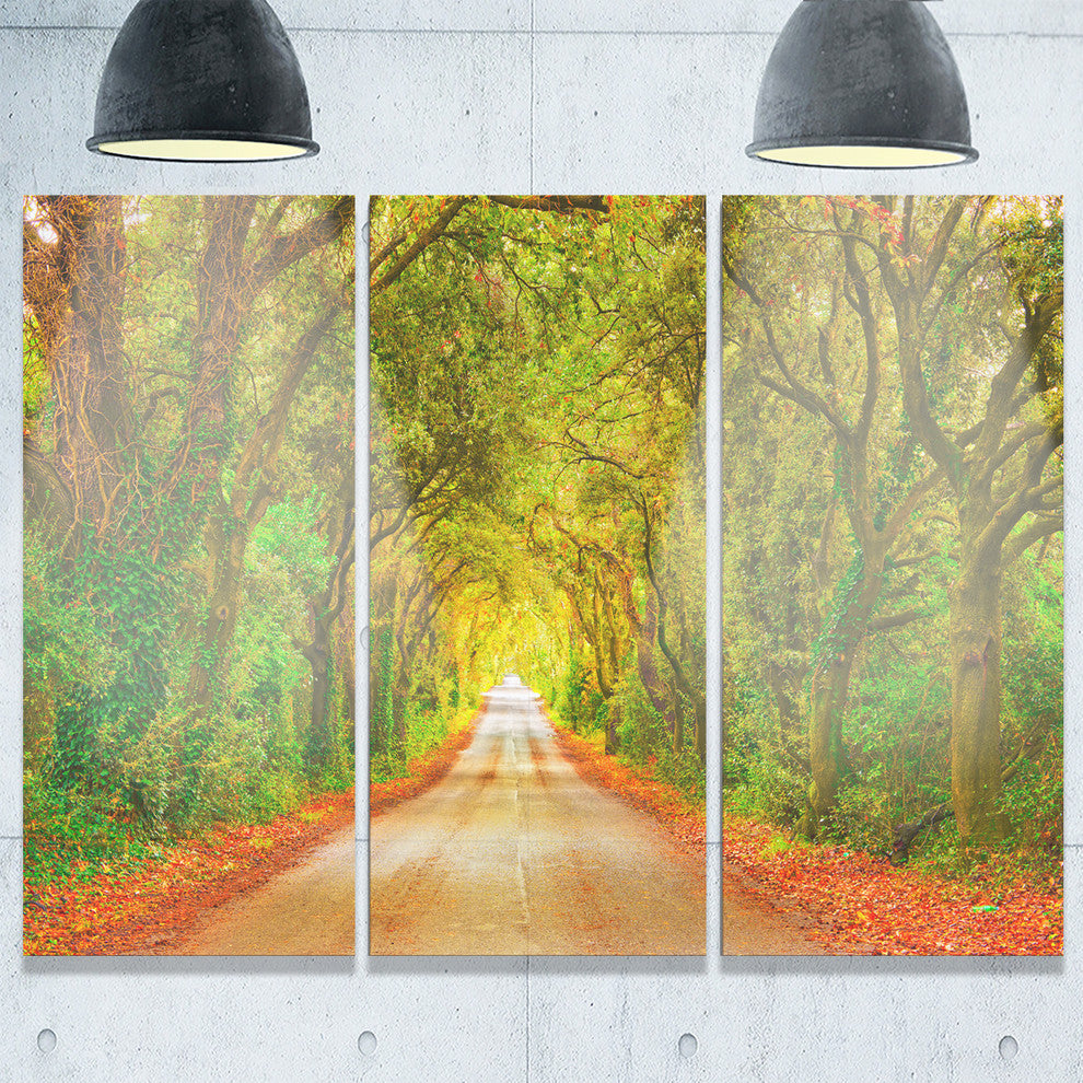 "Fall Greenery and Road Straight Ahead" Forest Metal Wall Art, 3 Panels, 36"x28"