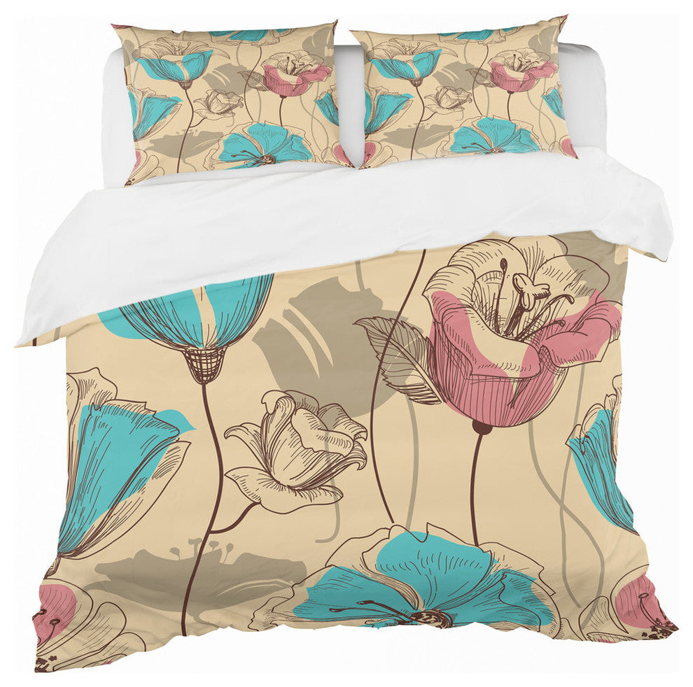 Retro Drawing Flowers in Pink and Blue Floral Duvet Cover, Twin