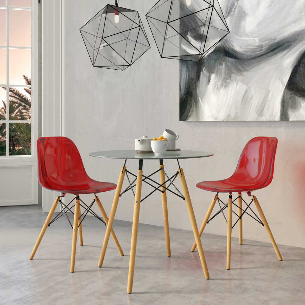 Dover Molded Dinin Side Chair, Wood Dowel Eiffel Base, Set of 2, Transparent Red
