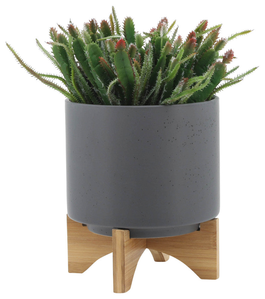 2-Piece Set Planter With Wood Stand, Matte Gray
