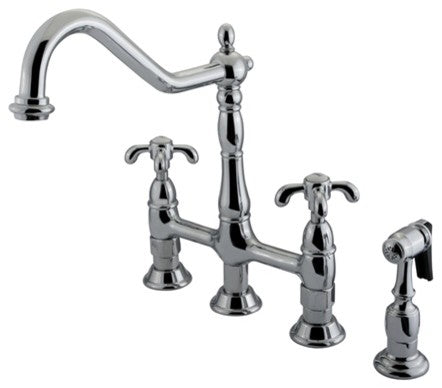 Kingston Brass Bridge Kitchen Faucet With Brass Sprayer, Polished Chrome