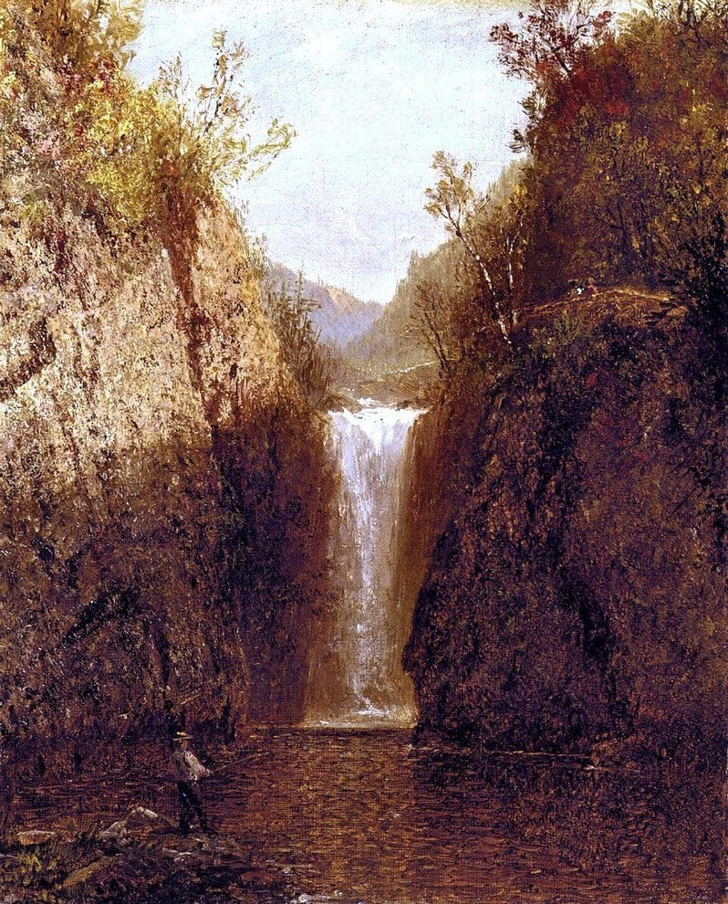 John Frederick Kensett Landscape With Waterfall Premium Canvas Print