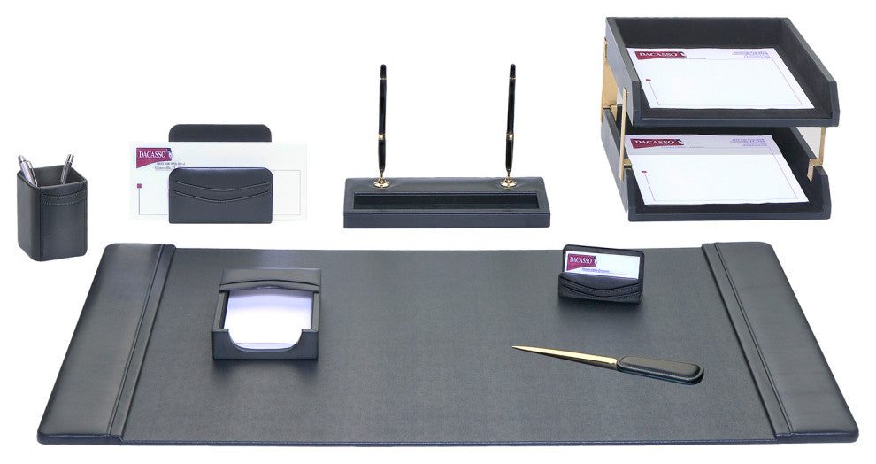 D1020, Black Leather, 10-Piece Desk Set