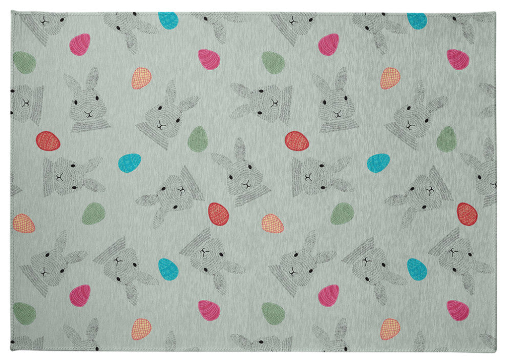 Bunnies and Eggs Easter Chenille Rug, Breezeway Green, 5'x7'