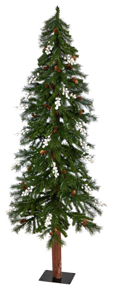 6' Alpine Faux Xmas Tree With Pinecones, Berries and 200 White Warm LED Lights