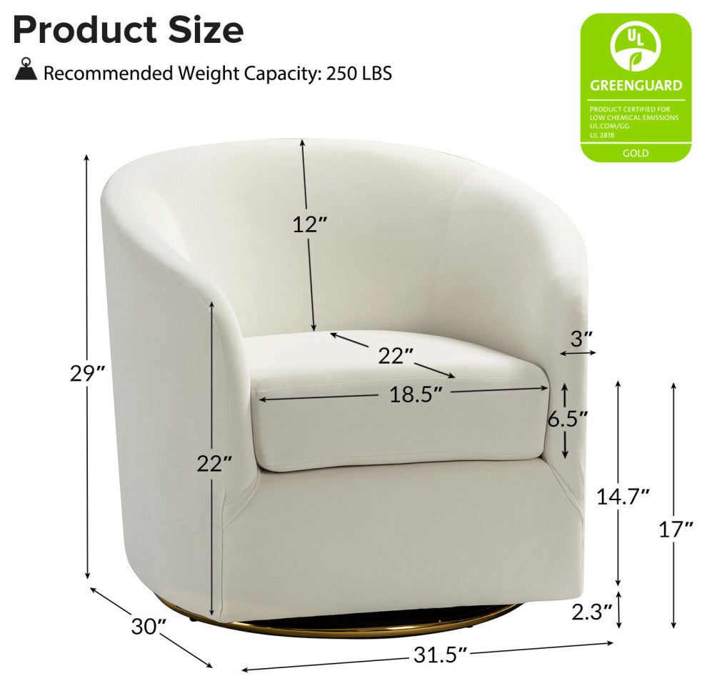 Upholstered Accent Comfy Swivel Chair With Metal Base, Ivory