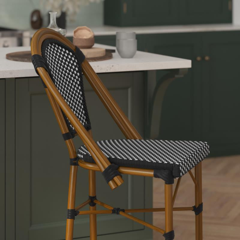 Set of 2 Stackable Indoor/Outdoor French Bistro 26" High Bar Stools, Black & White/Natural Frame