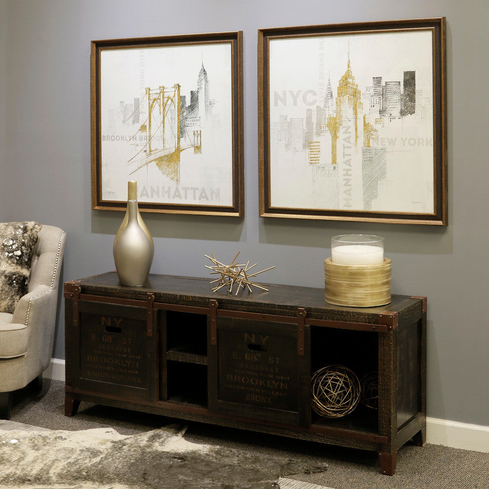 Bronze Distressed Crate Style TV console w/ Storage and Barn Door Hardware