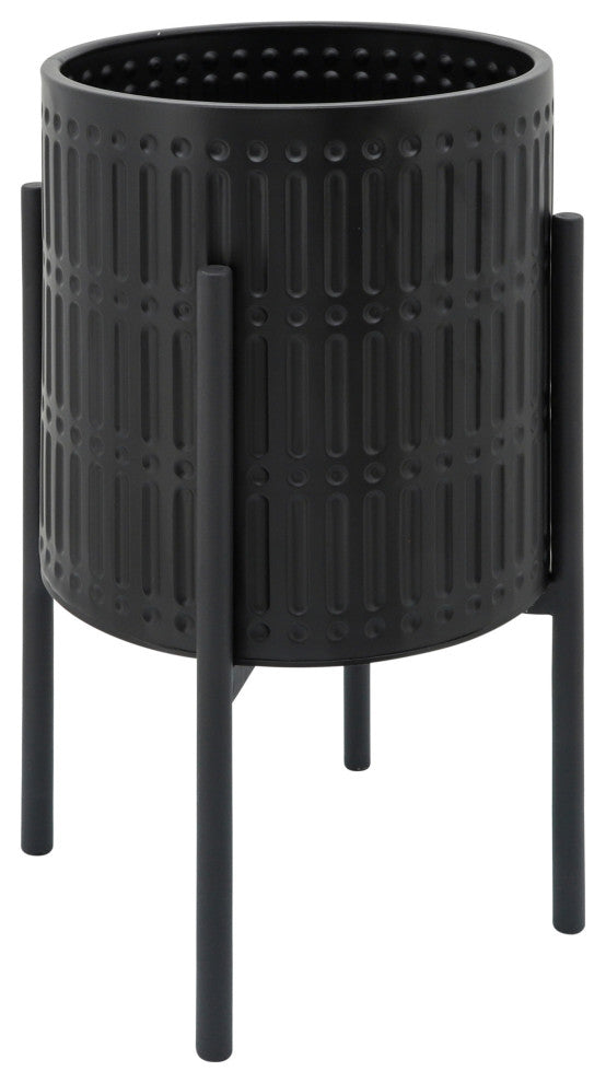 2-Piece Set Ridged Planters In Metal Stand, Black