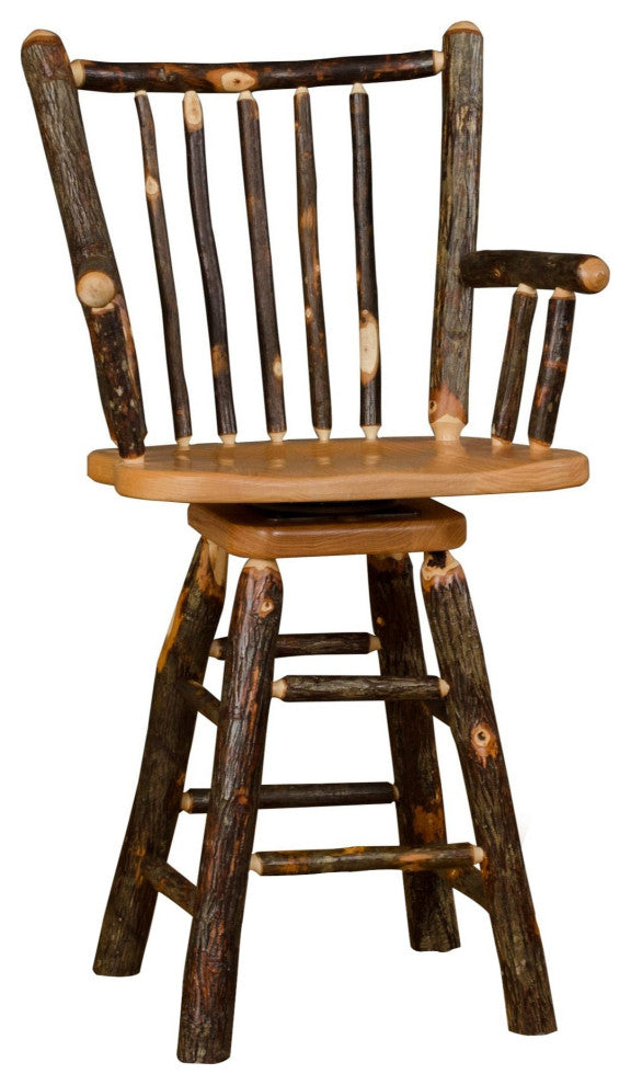 Hickory Log Stick-Back Swivel Barstool, All Hickory, 24 Inch, With Arms