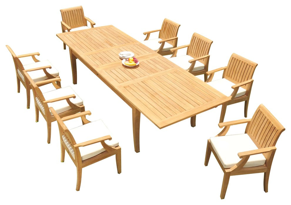 9-Piece Outdoor Teak Dining Set 122" X-Large Rectangle Table, 8 Lagos Arm Chairs