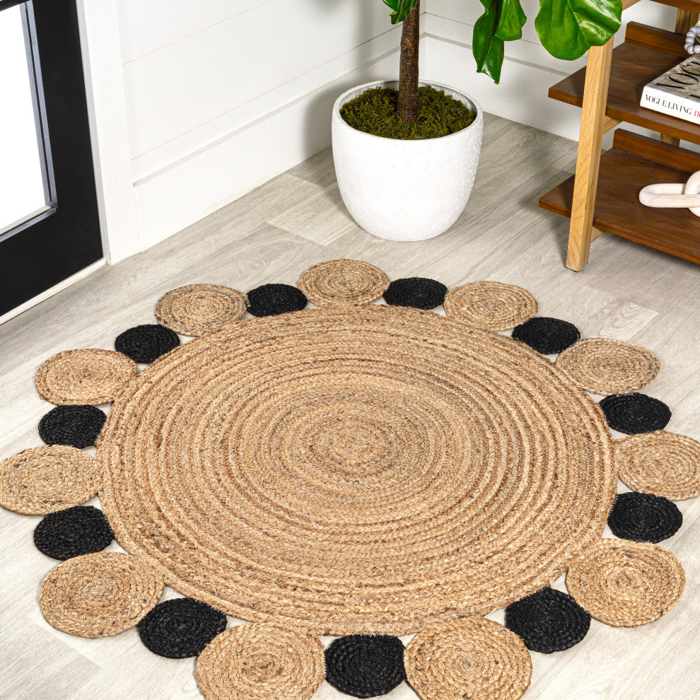 Ayana Two-Tone Jute Hippy Circle Round Area Rug, Natural/Black, 4' Round