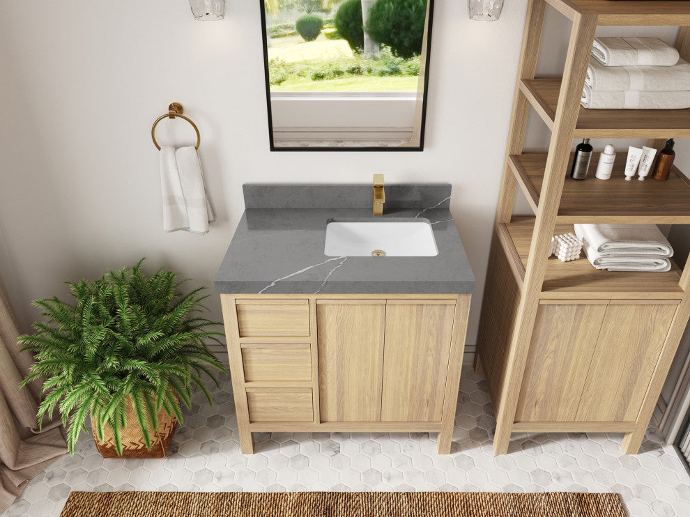 Elizabeth Oak 36" Right Offset Sink Vanity, White 2" Piatra Gray