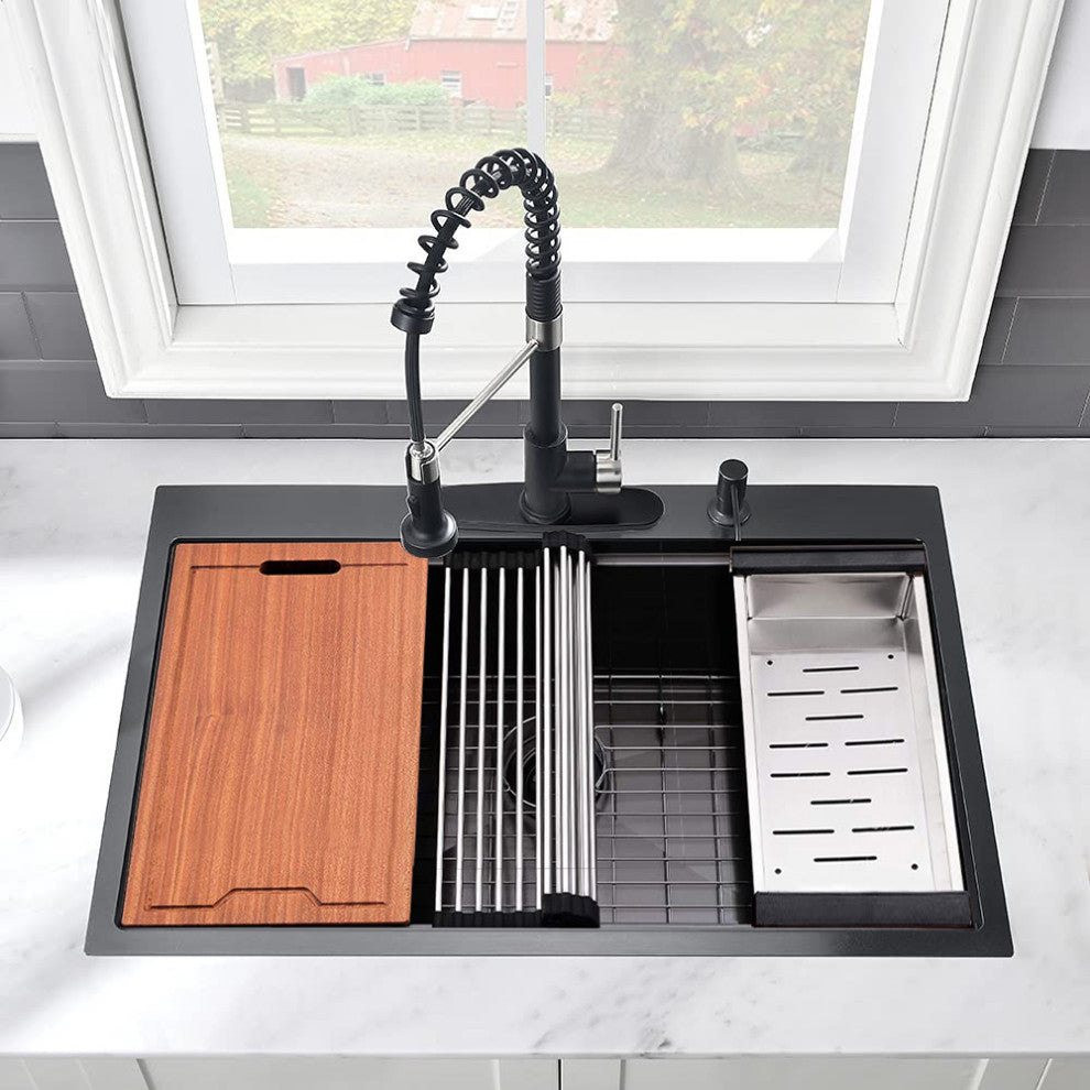 33" L X 22" W Premium Stainless Steel Kitchen Sink, Matte Black