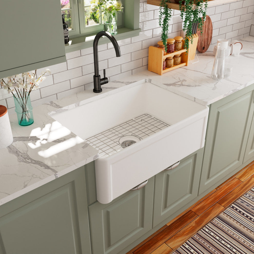 30" x 20" Farmhouse Kitchen Sink Ceramic Single Bowl With Sink Grid and Strainer
