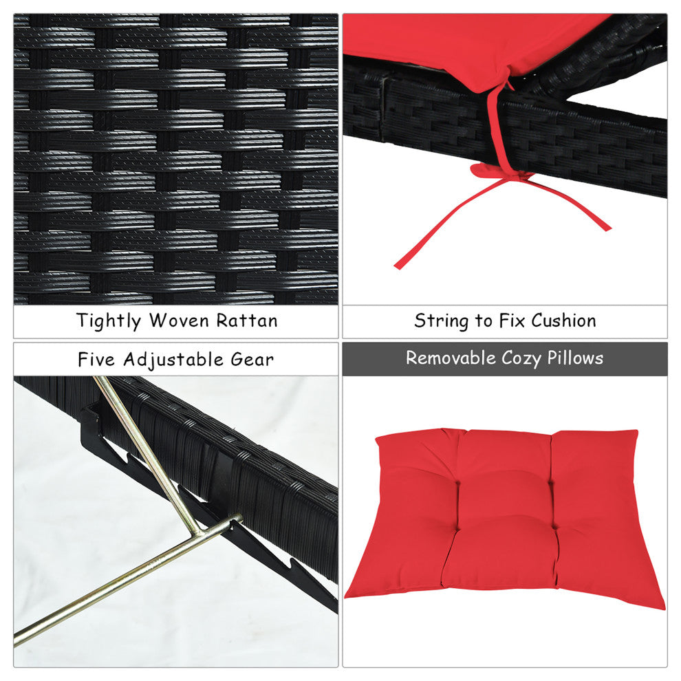 Costway Patio Rattan Lounge Chair Chaise Recliner Back Adjustable Cushioned Red