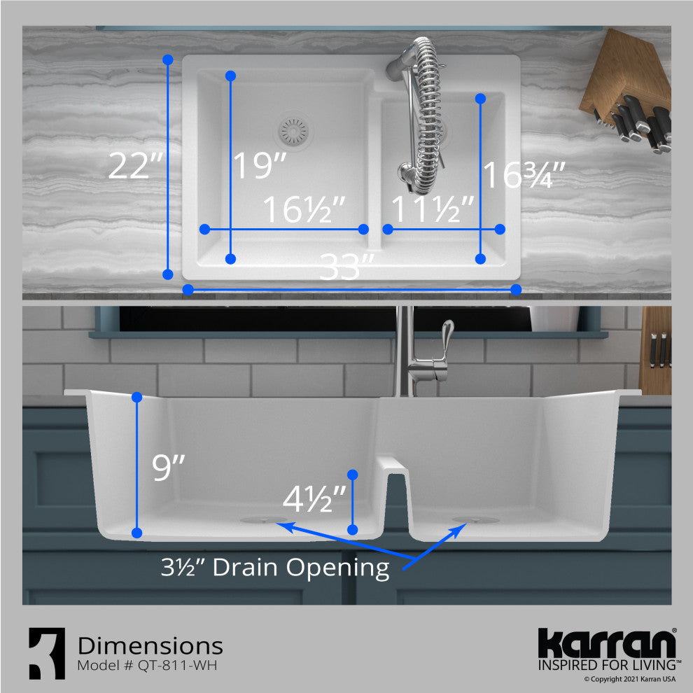 Karran 33" Top Mount Double Bowl 60/40 Quartz Kitchen Sink Kit, White