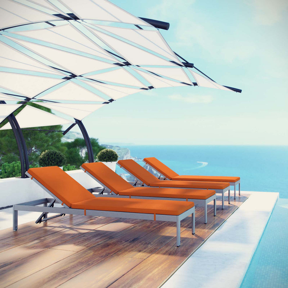 Silver Orange Shore Chaise with Cushions Outdoor Patio Aluminum Set of 4
