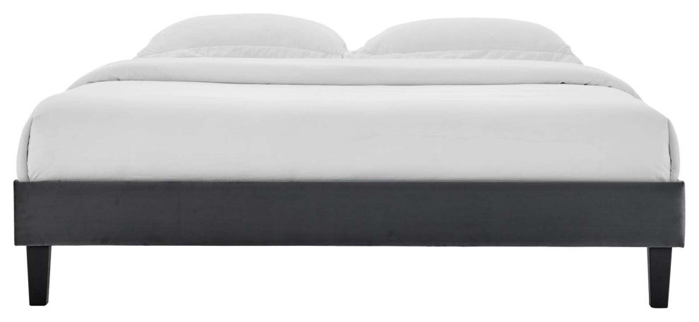 Platform Bed Frame, Full Size, Velvet, Dark Grey Gray, Modern Contemporary