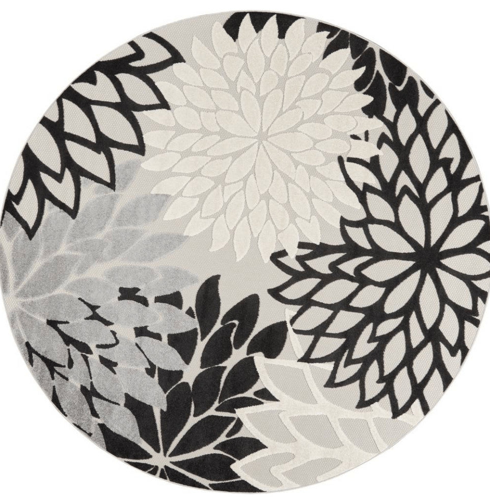 8' X 8' Black And White Round Floral Non Skid Indoor Outdoor Area Rug