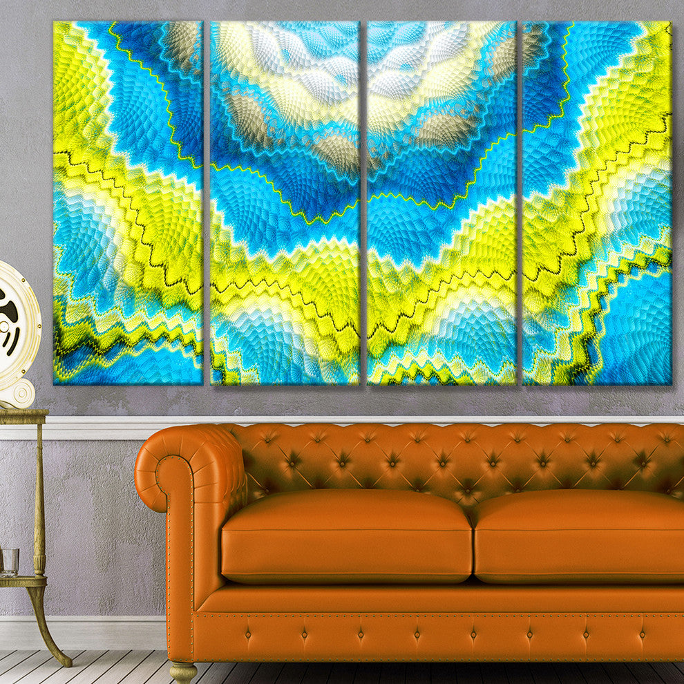 Blue Yellow Spiral Snake Skin, Floral Canvas Art Print, 48"x28", 4 Panels