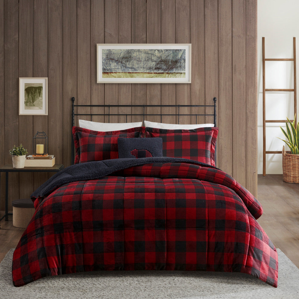 Woolrich Alton Plush to Sherpa Winter Comforter Set, Red Buffalo Check, King