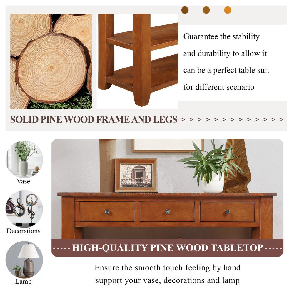 TATEUS 48" Solid Pine Wood Console Table with Storage Drawers, Brown