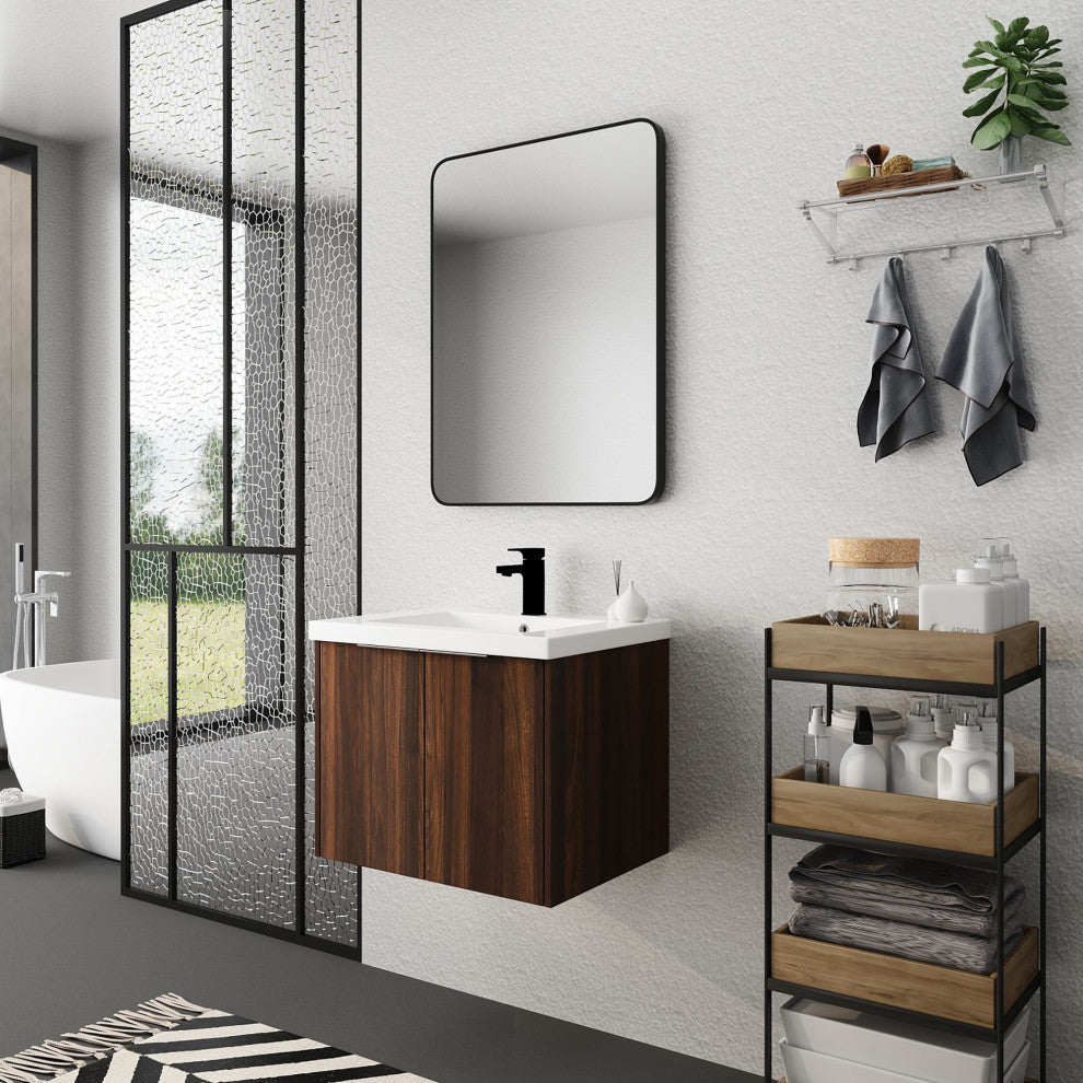 Wood Wall-Mounted Bathroom Vanity Set with Integrated Culture Marble Sink, 24 In