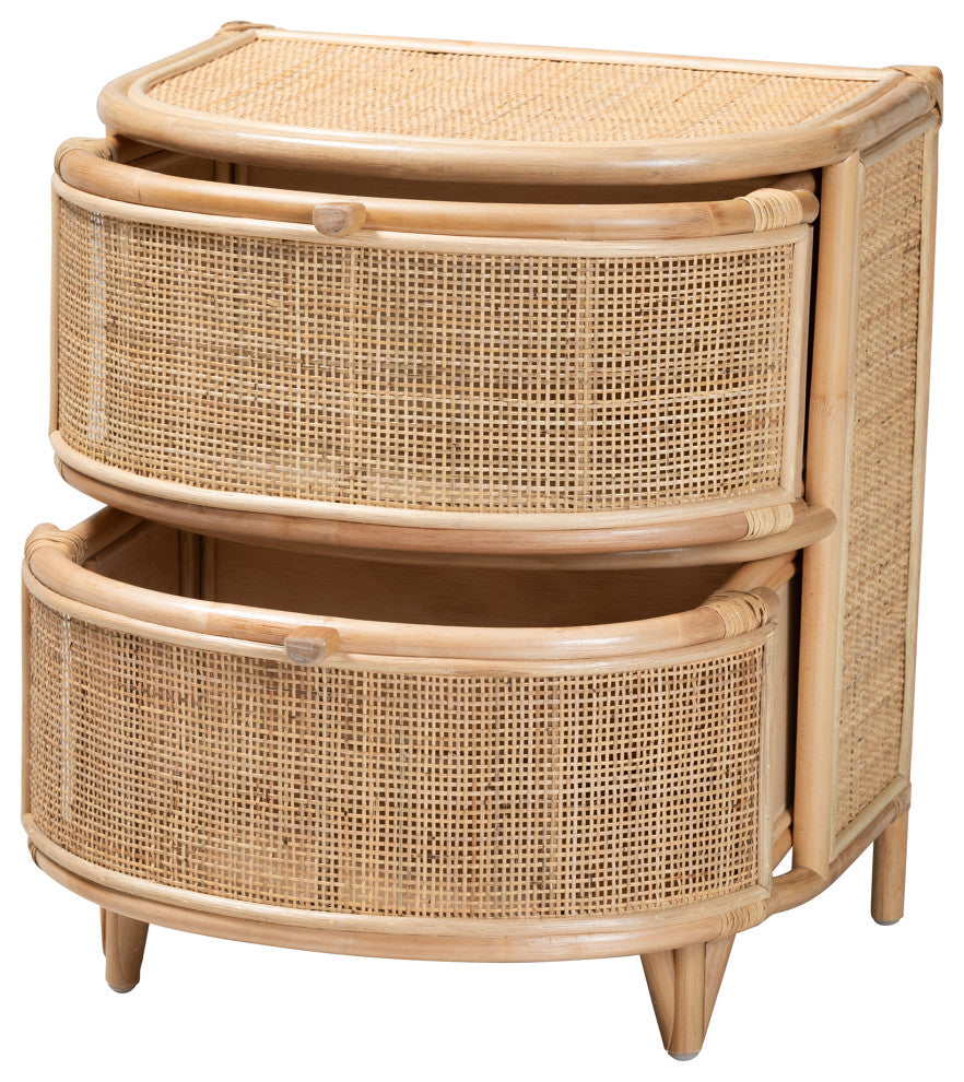 Oleta Modern Bohemian Natural Brown Rattan 2-Drawer Nightstand