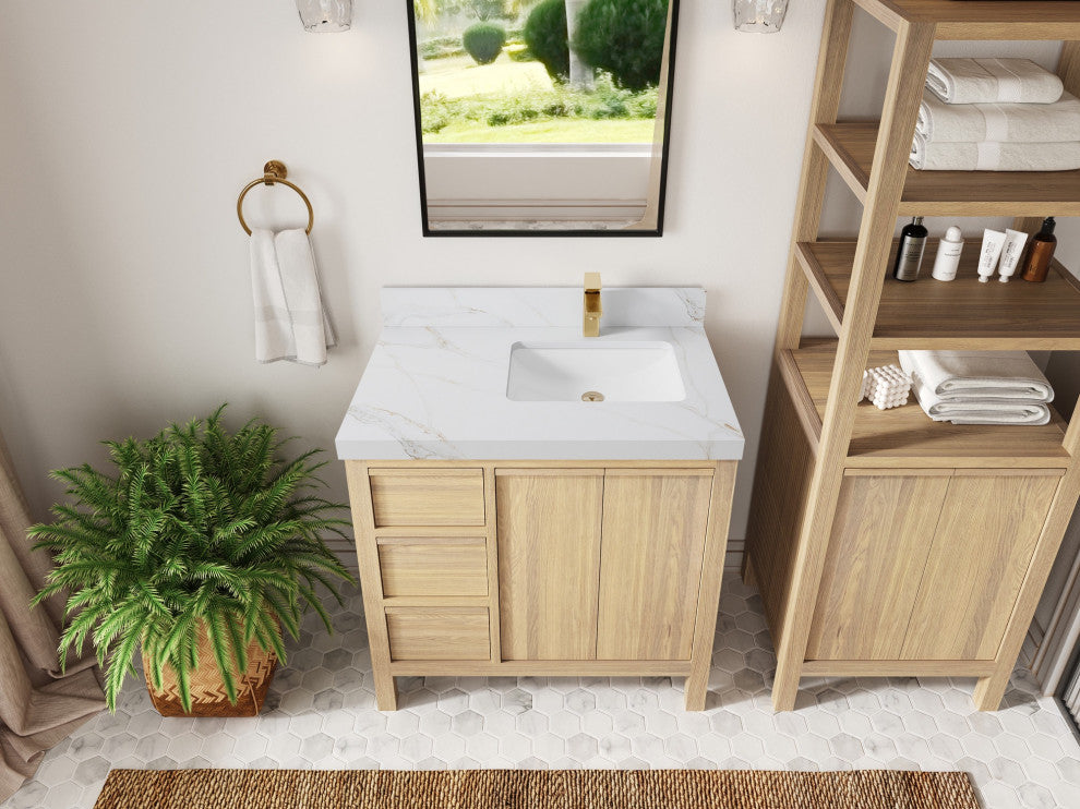 Elizabeth Oak 36" Right Offset Sink Vanity, White 2" Calacatta Sienna