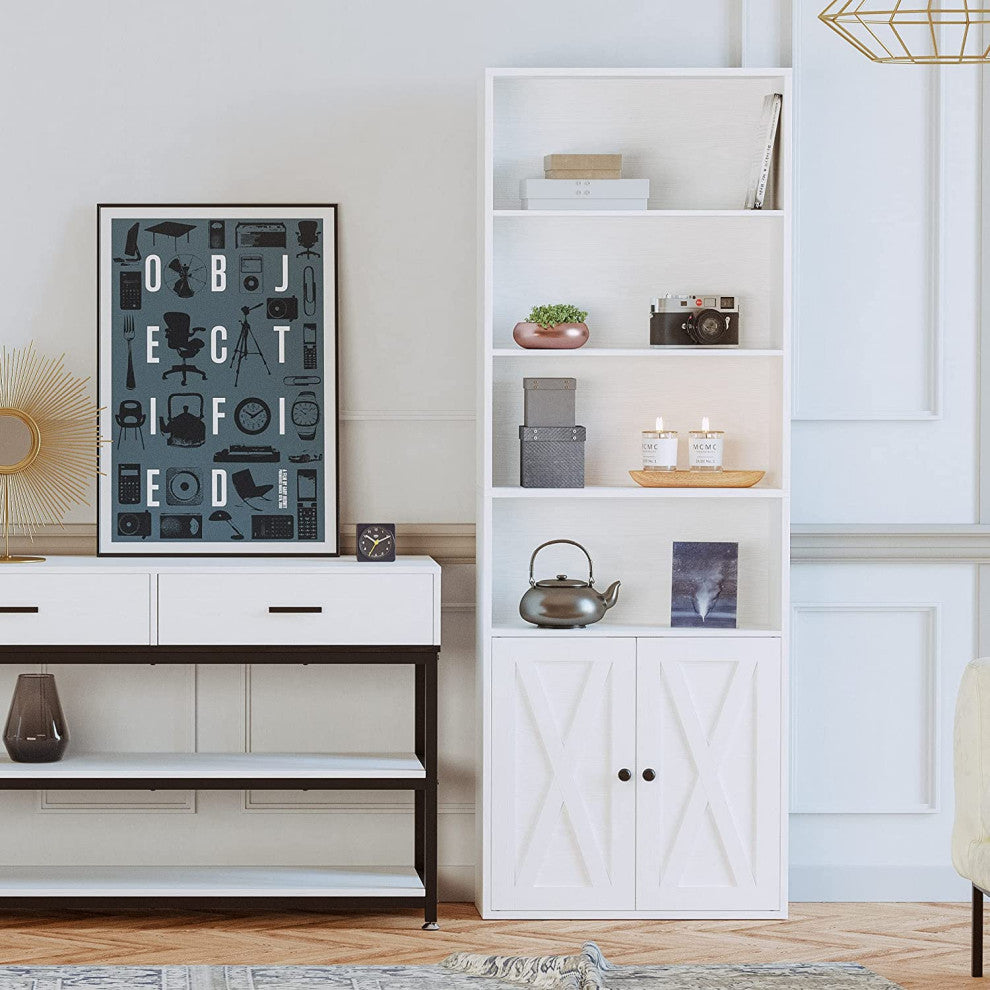 Industrial Bookshelf  with Doors Floor Standing 6 Storage Shelves 70 in White