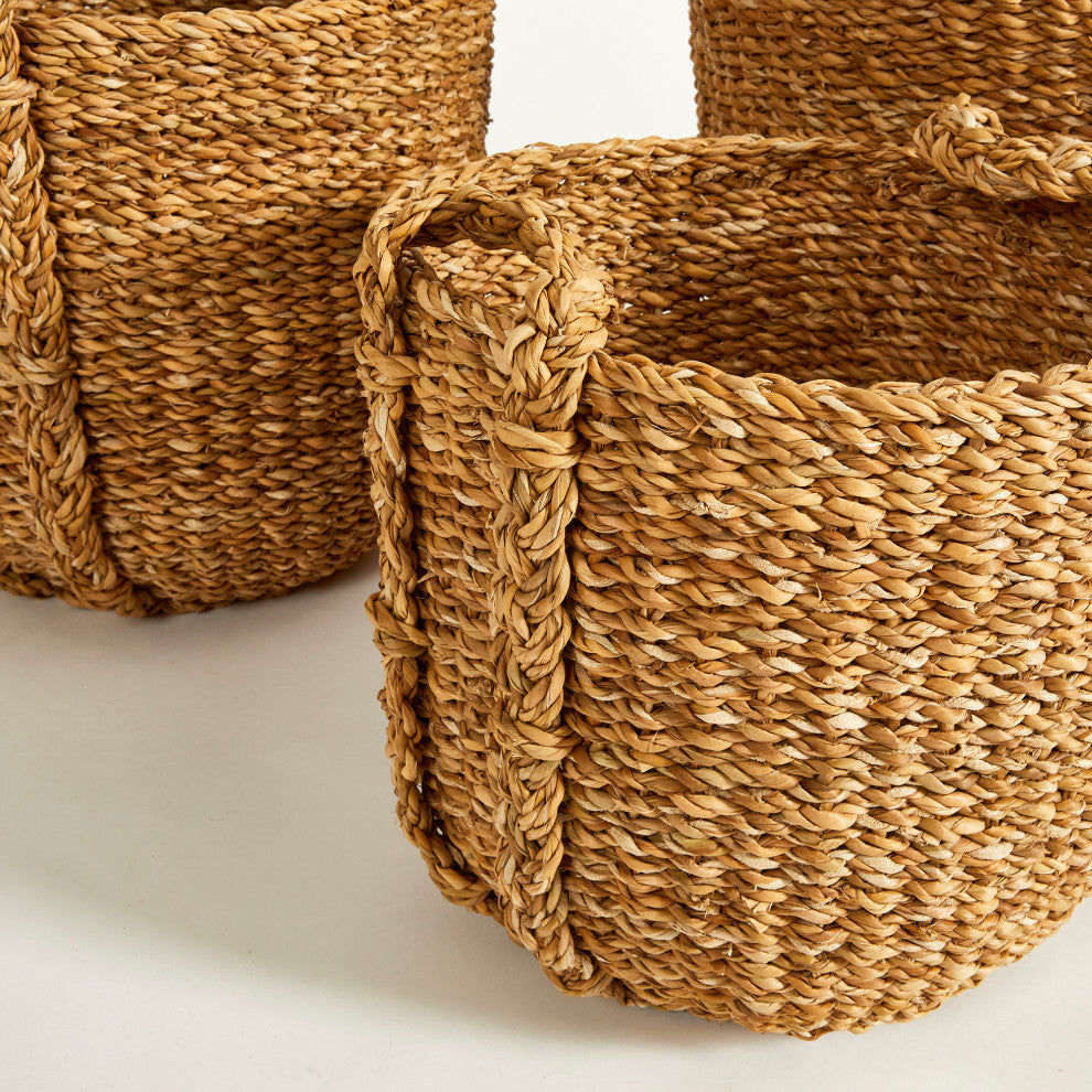Set of 3 Contemporary Casual Natural Sea Grass Round Tote Baskets Handles Large