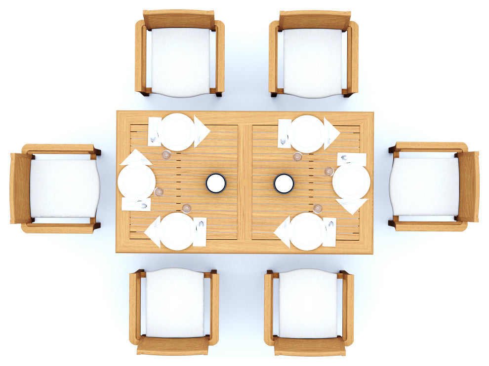 7-Piece Outdoor Teak Dining Set: 71" Rectangle Table, 6 Mas Stacking Arm Chairs