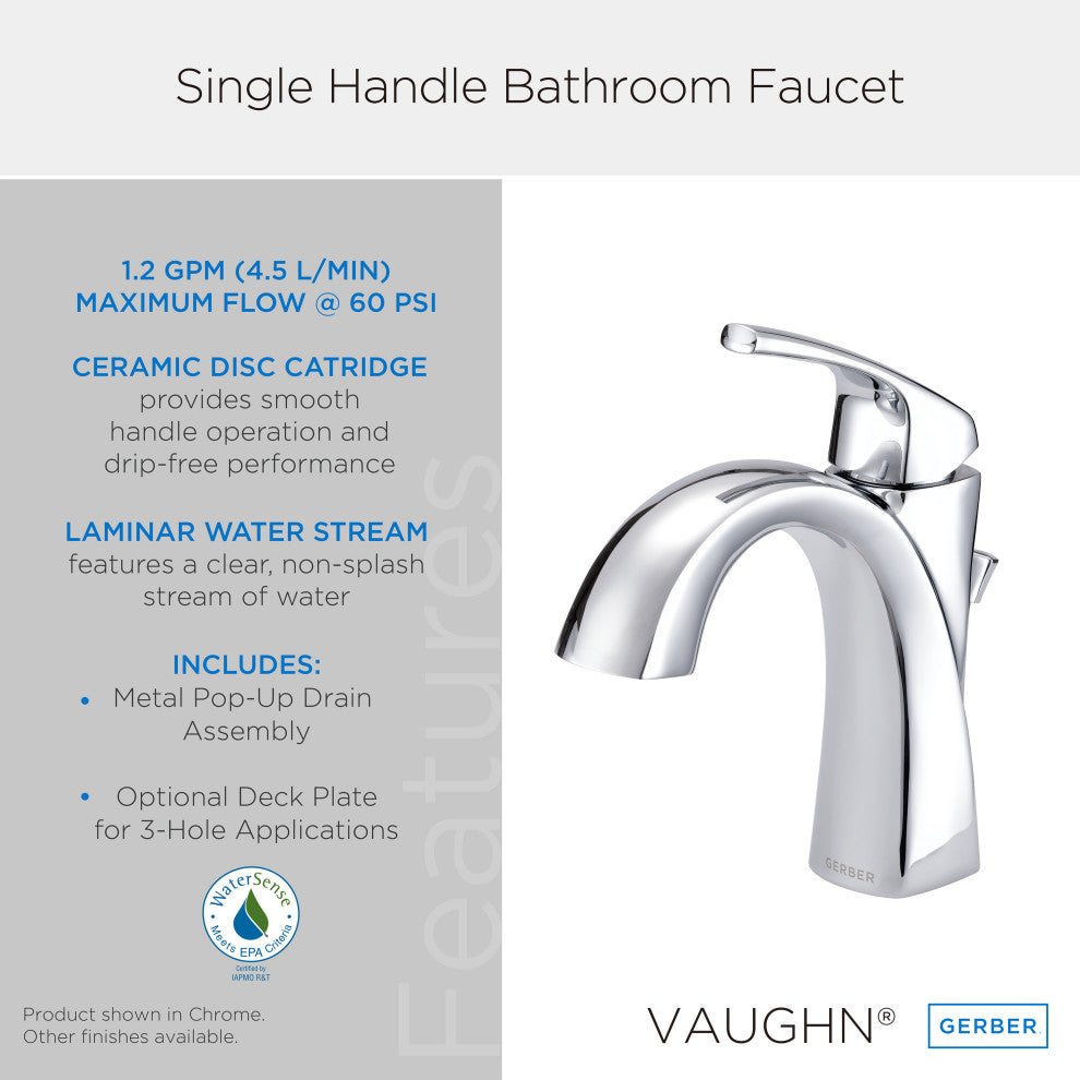 Vaughn Single Handle Lavatory Faucet w/ Metal Pop-Up Drain Chrome, Chrome
