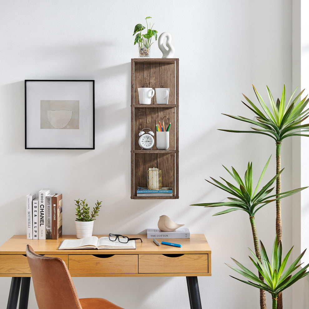 Danya B. Recife Vertical Three-Tier Modern Shadow Box Wall Shelf, Hickory