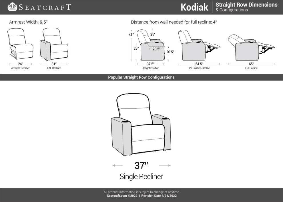Seatcraft Kodiak Home Theater Seating, Light Gray, Row of 1